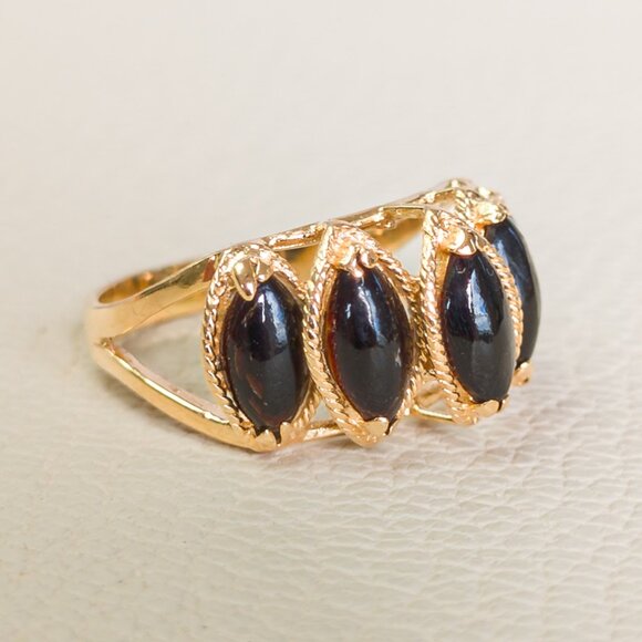 14K Gold 5-Stone Black Coral Ring – Marquise Cabochons, Size 5¼ - Picture 3 of 16